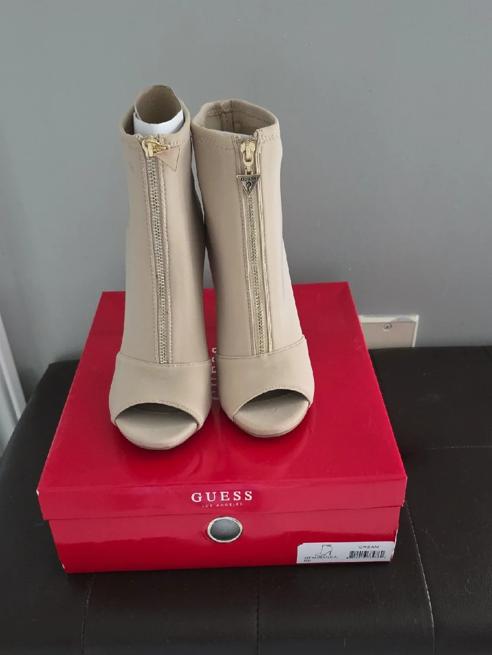 Guess Beige Peep-Toe Front-Zip Heeled Booties - Picture 1 of 6